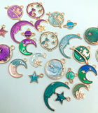 galaxy charm space moon planet cat star stars enamel charms pretty cute kawaii uk gold tone metal turquoise purple blue green