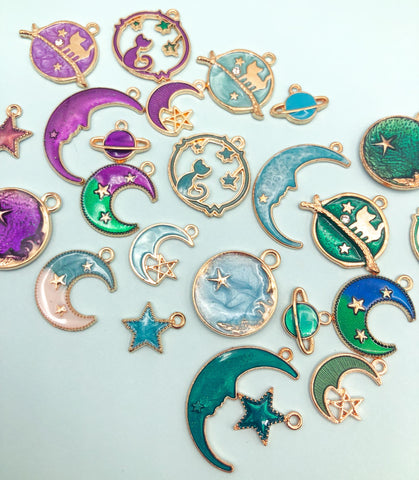 galaxy charm space moon planet cat star stars enamel charms pretty cute kawaii uk gold tone metal turquoise purple blue green