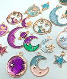 galaxy charm space moon planet cat star stars enamel charms pretty cute kawaii uk gold tone metal turquoise purple blue green