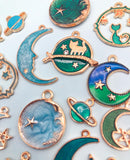 galaxy charm space moon planet cat star stars enamel charms pretty cute kawaii uk gold tone metal turquoise purple blue green