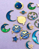 galaxy enamel enamelled cat moon star planet stars gold tone charms cats cute uk craft supplies blue green