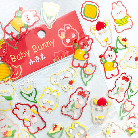 spring baby bunny bunnies flower flowers floral clear plastic pet sticker stickers flake flakes pack of 45 mini set uk cute kawaii stationery