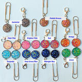 silver tone metal bezel planner charm charms sparkly gemstone iridescent round gem uk planner gift gifts stitch marker markers clips druzy quartz
