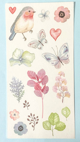 in the forest large translucent washi paper sticker sheet pack of 3 flower flowers floral bird robin rabbit mushroom nature watercolour planner stationery uk cute kawaii wood woodland butterfly butterflies foliage