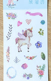 uk kawaii cute unicorn sticker stickers washi sheet translucent die cut pretty fairytale pack of 6 sheets pink lilac purple heart hearts flower floral leaf leaves magic stationery unicorns