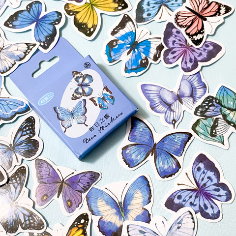 butterfly butterflies cute kawaii uk stationery sticker stickers flake flakes mini box of 46 blue lilac turquoise purple pretty planner supplies glossy