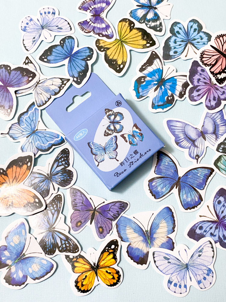 butterfly butterflies cute kawaii uk stationery sticker stickers flake flakes mini box of 46 blue lilac turquoise purple pretty planner supplies glossy