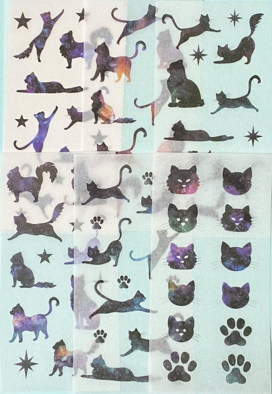 black cat cats ombre galaxy colours cat silhouette stickers sticker sheet sheets face faces witch star stars paw paws washi paper translucent uk cute kawaii stationery kitty kitten