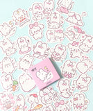 pink and white cute kawaii bunny rabbit mini sticker flakes box of 45 stickers flake bunnies rabbits spring stationery uk bow bows carrot mushroom heart hearts