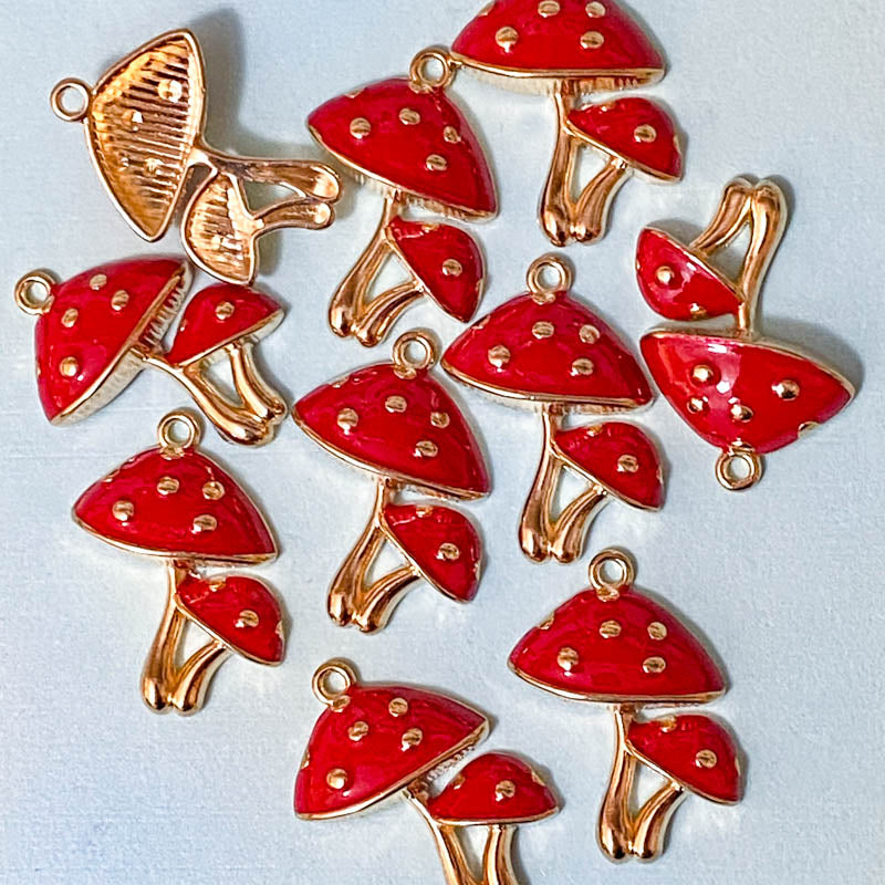 mushroom mushrooms enamel gold tone charm charms red spotted spots fungi toadstool toadstools uk cute kawaii craft supplies pair two enamelled metal