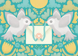 vintage retro dove doves bird birds carrying letter envelope happy mail william morris yellow mustard green blue turquoise grey muted colours postcard post card cards handmade art artist exclusive uk cute kawaii stationery postcards thank you