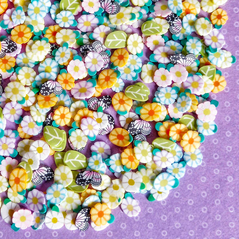 uk cute kawaii craft supplies sprinkle sprinkles clay polymer slice slices leaf bundle blue  daisy butterfly flower flowers green pink lilac yellow