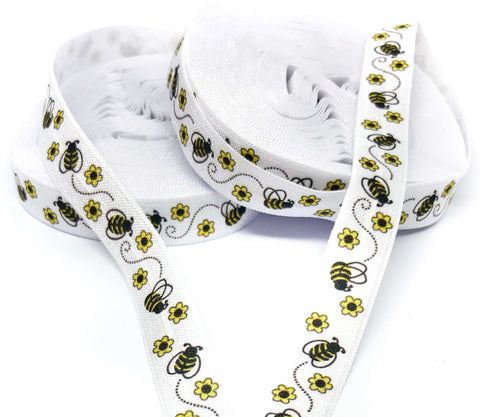 bumble bee bees on white elastic ribbon foe yard 15mm cute kawaii uk crafts craft supplies honeybee bumble yellow black pretty fold over ribbons elastics