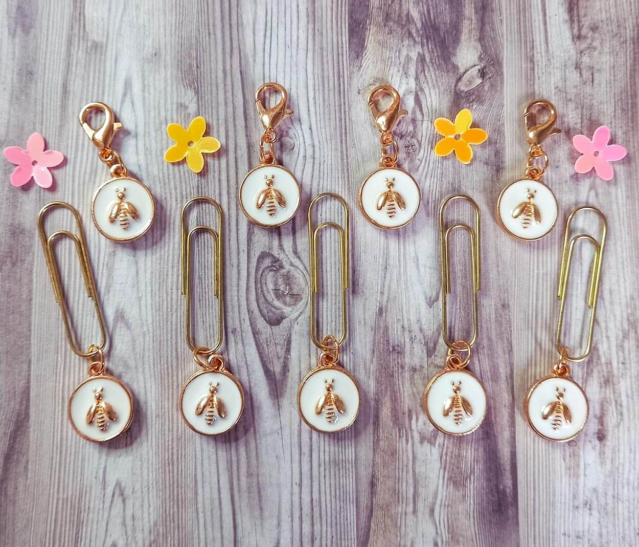 enamel bee disc round planner charm paper clip clips charms uk cute kawaii white enamel bees gold tone metal gifts handmade hand made