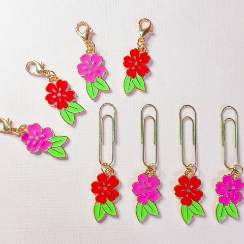 planner clip paper charm charms bright red cerise pink hot flowers leaf leaves hibiscus uk cute kawaii gift gifts handmade hand made planning gold tone metal enamel