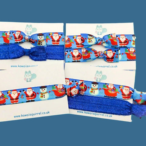 blue red white santa claus father christmas handmade hand made hair tie ties gift gifts uk cute kawaii snowman sleigh pretty end tied bows bow