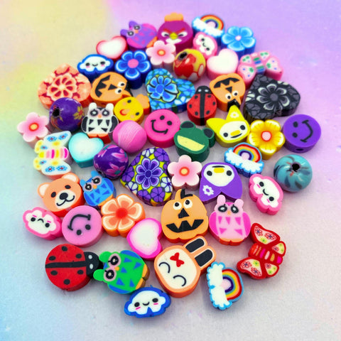 polymer clay bead beads mixed lucky dip bundle of 10 20 uk cute kawaii craft supplies pairs heart flower butterfly pumpkin cloud rainbow animal pretty fimo hand made pretty