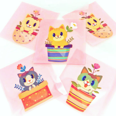 Cellophane Bags Set of 5/10/20 -Pink Flower Pot Cats