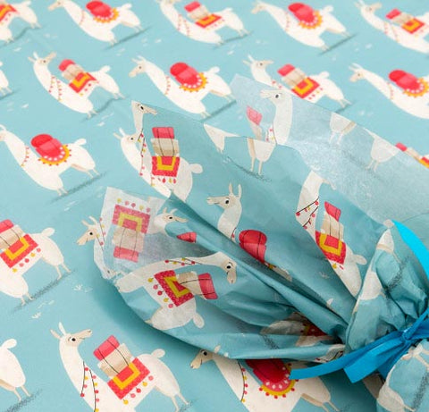 lucky dolly llama alpaca tissue paper sample pack of 2 sheets large turquoise blue and red alpacas llamas packaging supplies uk cute kawaii wrap wrapping papers