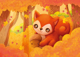 eco recycled handmade art postcard kawaii squirrel squirrels uk cards hand made artist exclusive orange autumn leaf leaves wood woodland acorn red warm nature tree trees falling leaves cute kawaii stationery postcards sugarmochi sugar mochi