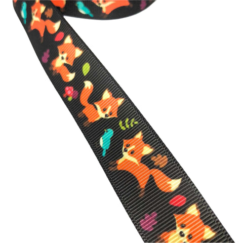 woodland fox foxes on black 22mm wide grosgrain ribbon one yard