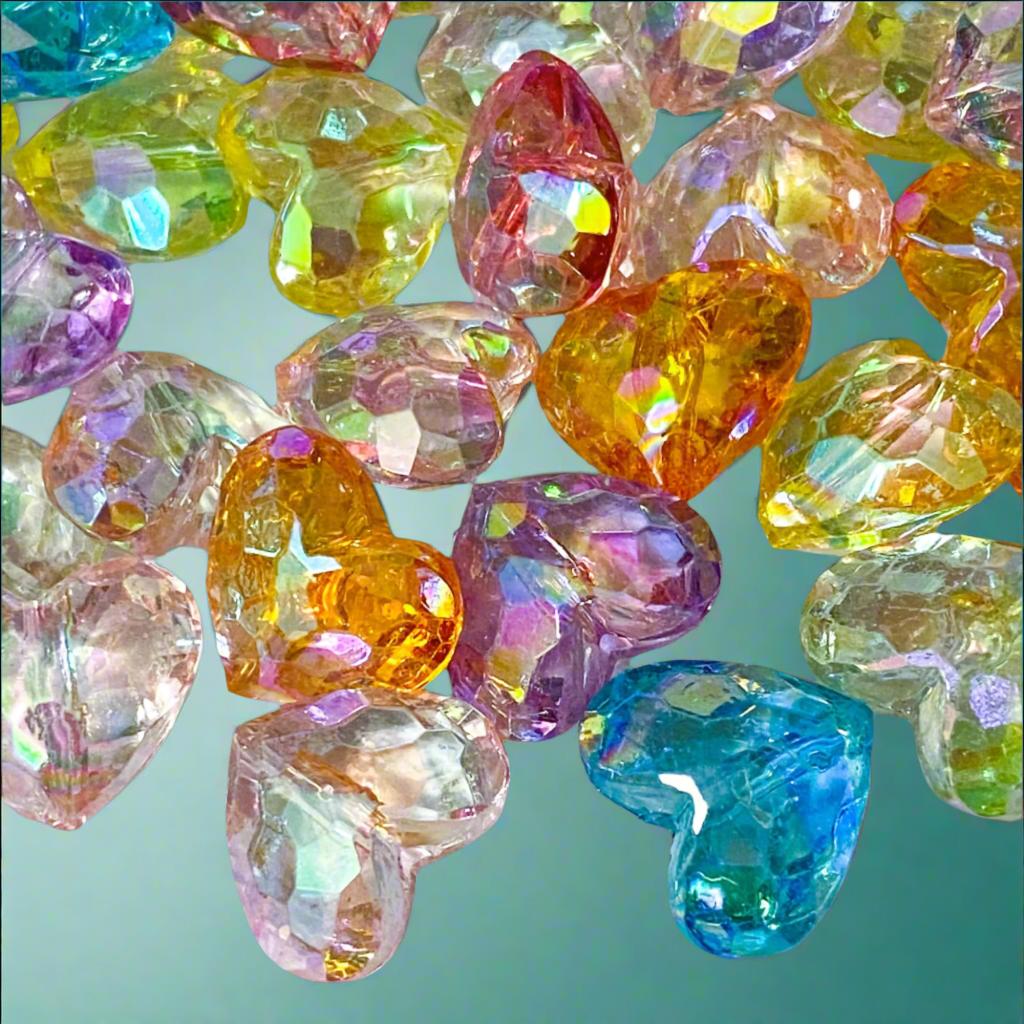 IRIDESCENT FACETED HEART Very Large Acrylic 20mmx 2 BEADS