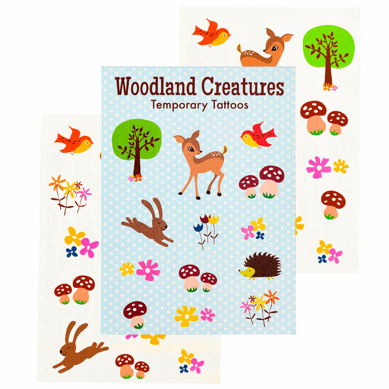 woodland creatures animal animals deer bunny rabbit hedgehog mushroom mushrooms bird flower flowers uk cute kawaii temporary kids tattoo tattoos pack of 2 sheets gift gifts cute kawaii party bag filler fillers retro rex london stocking fillers uk