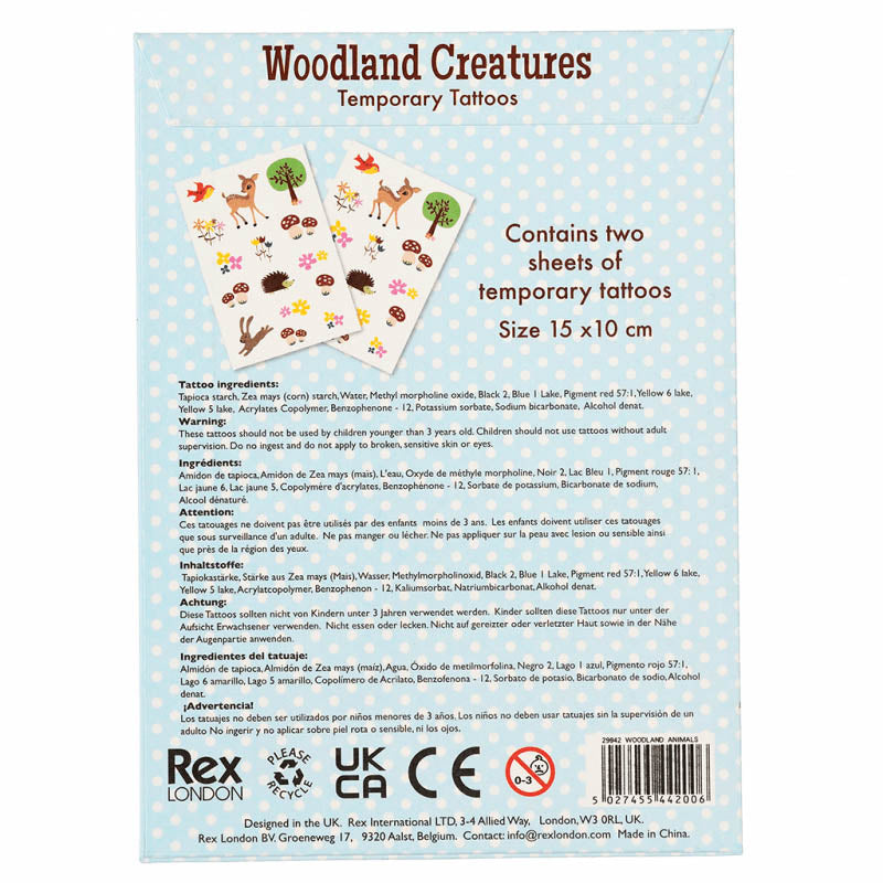 woodland creatures animal animals deer bunny rabbit hedgehog mushroom mushrooms bird flower flowers uk cute kawaii temporary kids tattoo tattoos pack of 2 sheets gift gifts cute kawaii party bag filler fillers retro rex london