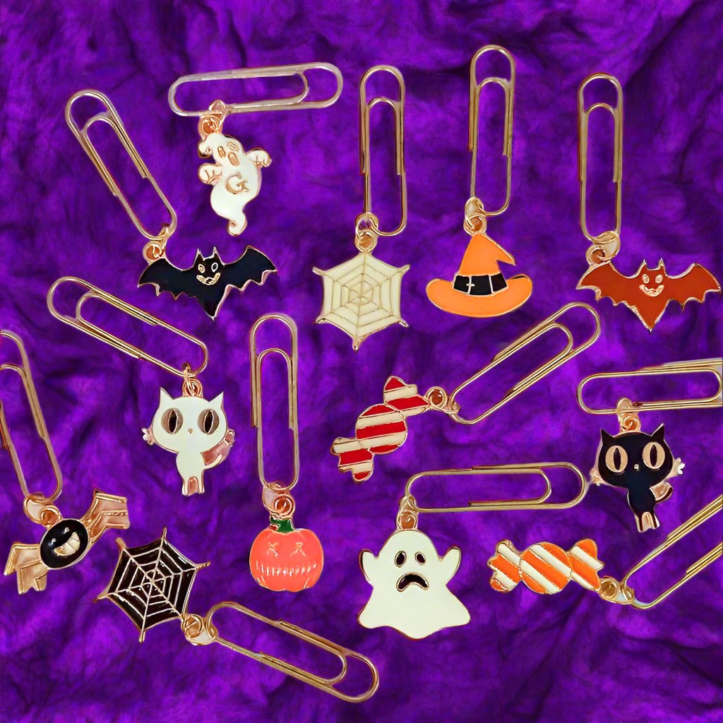 halloween paper clip planner clips gold tone metal spooky fun cute kawaii uk gift gifts ghost cat cats spider web sweets candy bat bats witch hat