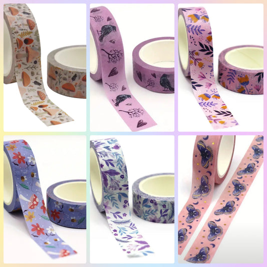 10m roll washi tape tapes rolls uk cute kawaii bargain stationery shop store supplies planner addict purple pink blue lilac brown grey mushroom flower floral butterfly butterflies foil leaves crow magic spooky