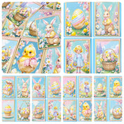 Set of Easter-themed cards with bunnies, chicks, and children in pastel colors.