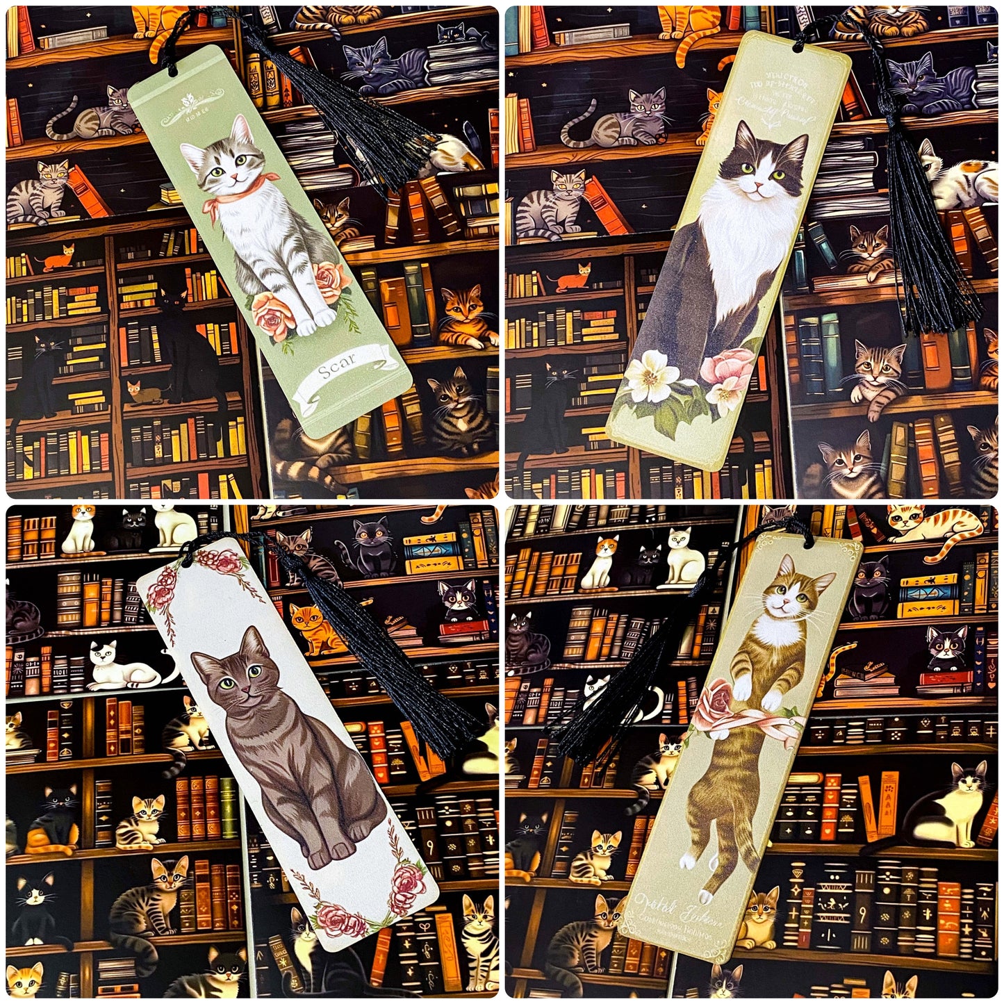 cats in the library vintage bookish gift bundle with acrylic black tassel bookmark and 3 cats postcards. uk cute letterbox mini gifts.