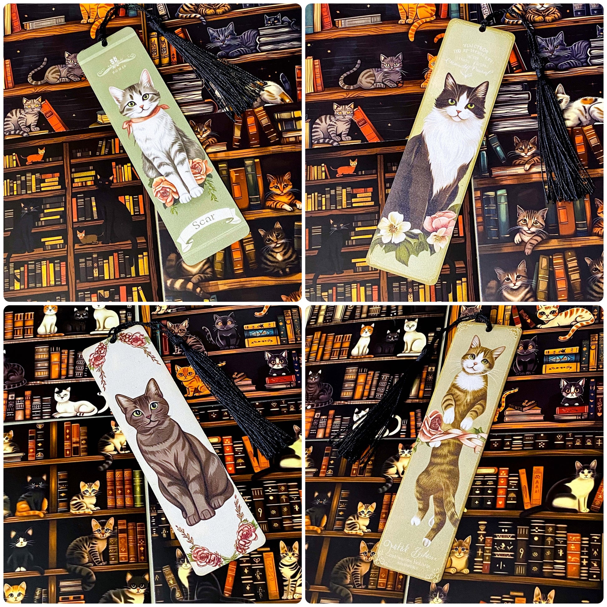 cats in the library vintage bookish gift bundle with acrylic black tassel bookmark and 3 cats postcards. uk cute letterbox mini gifts.