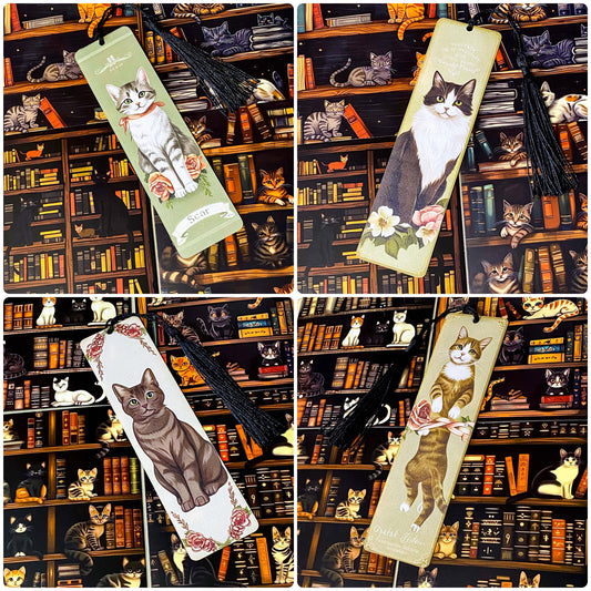 cats in the library vintage bookish gift bundle with acrylic black tassel bookmark and 3 cats postcards. uk cute letterbox mini gifts.