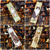 cats in the library vintage bookish gift bundle with acrylic black tassel bookmark and 3 cats postcards. uk cute letterbox mini gifts.