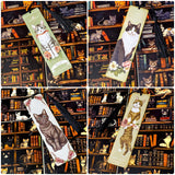 cats in the library vintage bookish gift bundle with acrylic black tassel bookmark and 3 cats postcards. uk cute letterbox mini gifts.
