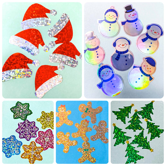 holo holographic foil foiled laser sticker stickers seals seals packaging supplies uk cute kawaii Christmas festive snowman snowmen tree trees gingerbread men man snowflake santa hat hats big large jumbo