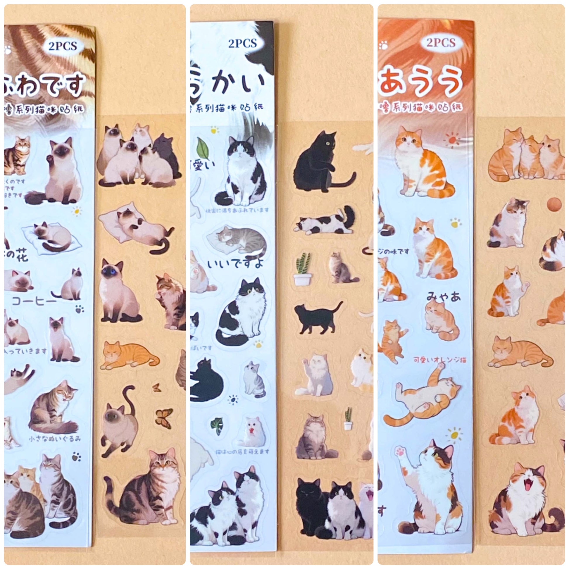 packs of 2 clear PET sticker sheets with cute cats and kittens featuring siamese, tabby, ginger, tuxedo, black and white cat illustrations from uk store