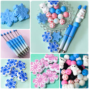 CHRISTMAS SILICONE BEADS- POLAR BEAR & SNOWFLAKE Pink & Blue