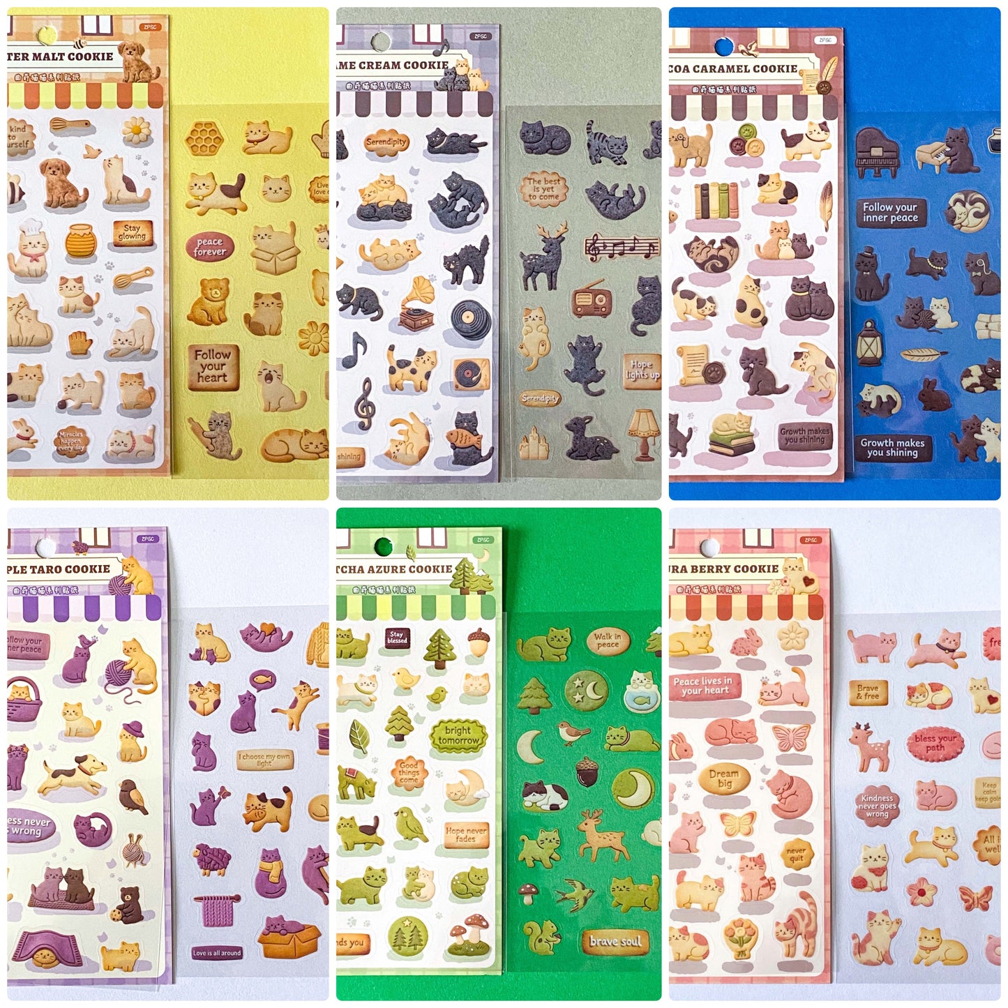 cozy cookie cats clear PET sticker pack featuring illustrated cats and decorative animal and food themed stickers on transparent sheets. Uk cute kawaii planner stationery.