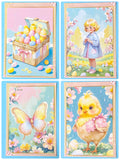Set of four Easter-themed cards featuring a box of eggs, a child, a butterfly, and a chick.