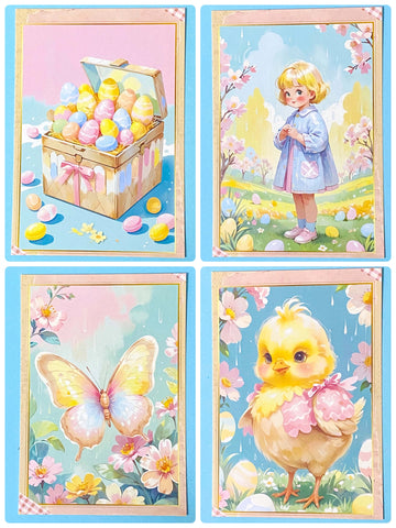 Set of four Easter-themed cards featuring a box of eggs, a child, a butterfly, and a chick.