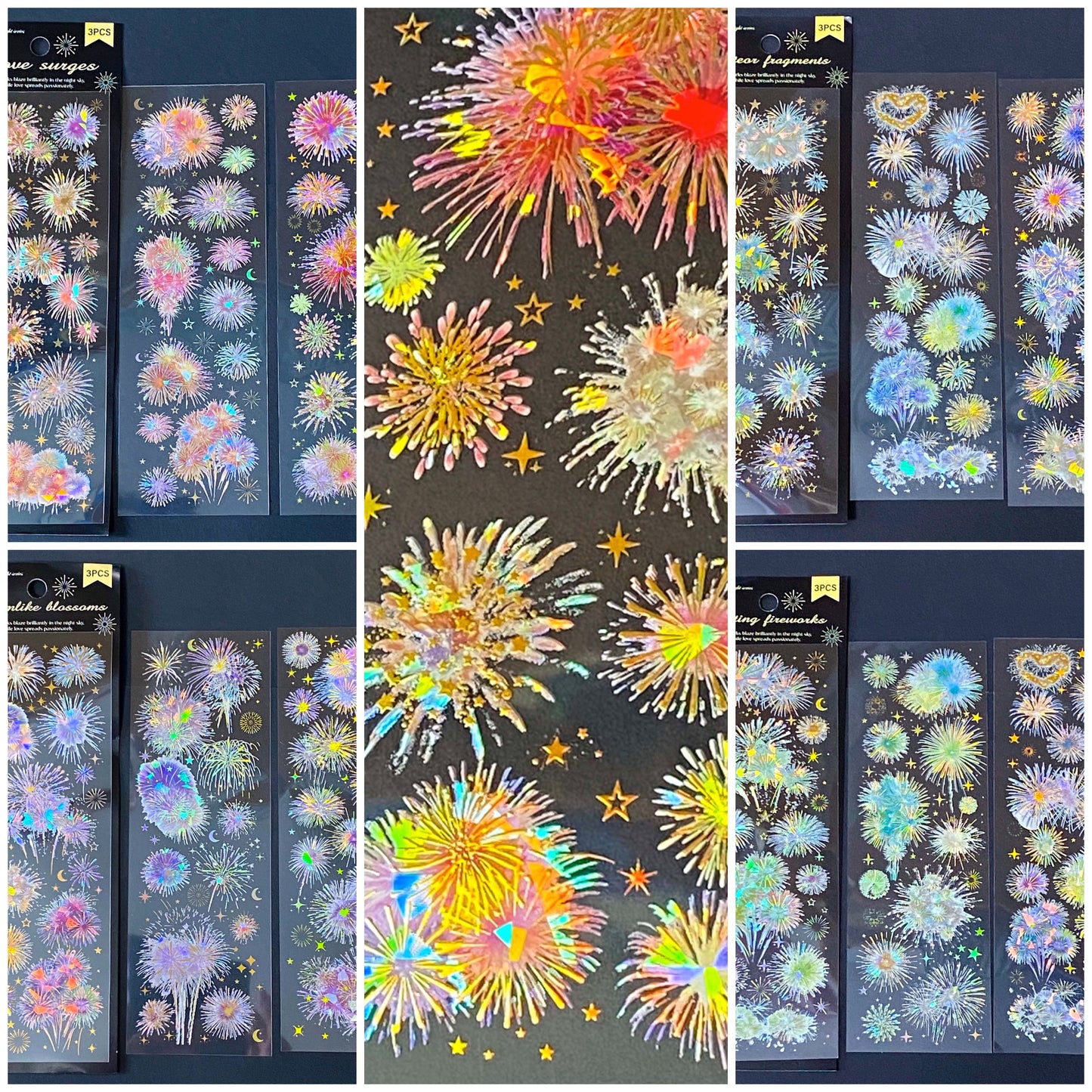 clear holographic fireworks stickers with shimmery colours and foil highlights on clear PET plastic in shades of red, blue, purple, pink and green