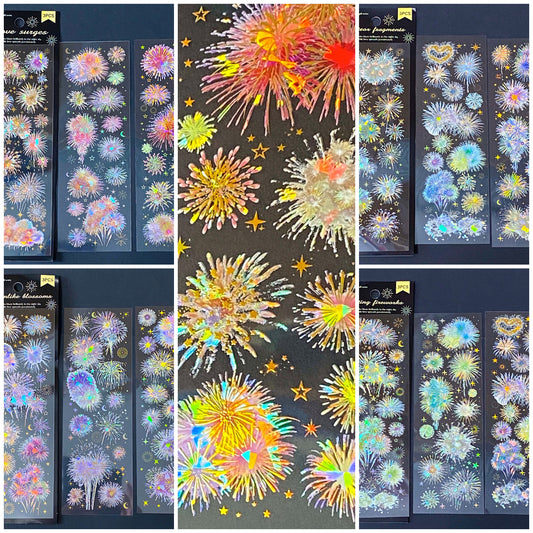 clear holographic fireworks stickers with shimmery colours and foil highlights on clear PET plastic in shades of red, blue, purple, pink and green