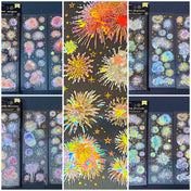 clear holographic fireworks stickers with shimmery colours and foil highlights on clear PET plastic in shades of red, blue, purple, pink and green