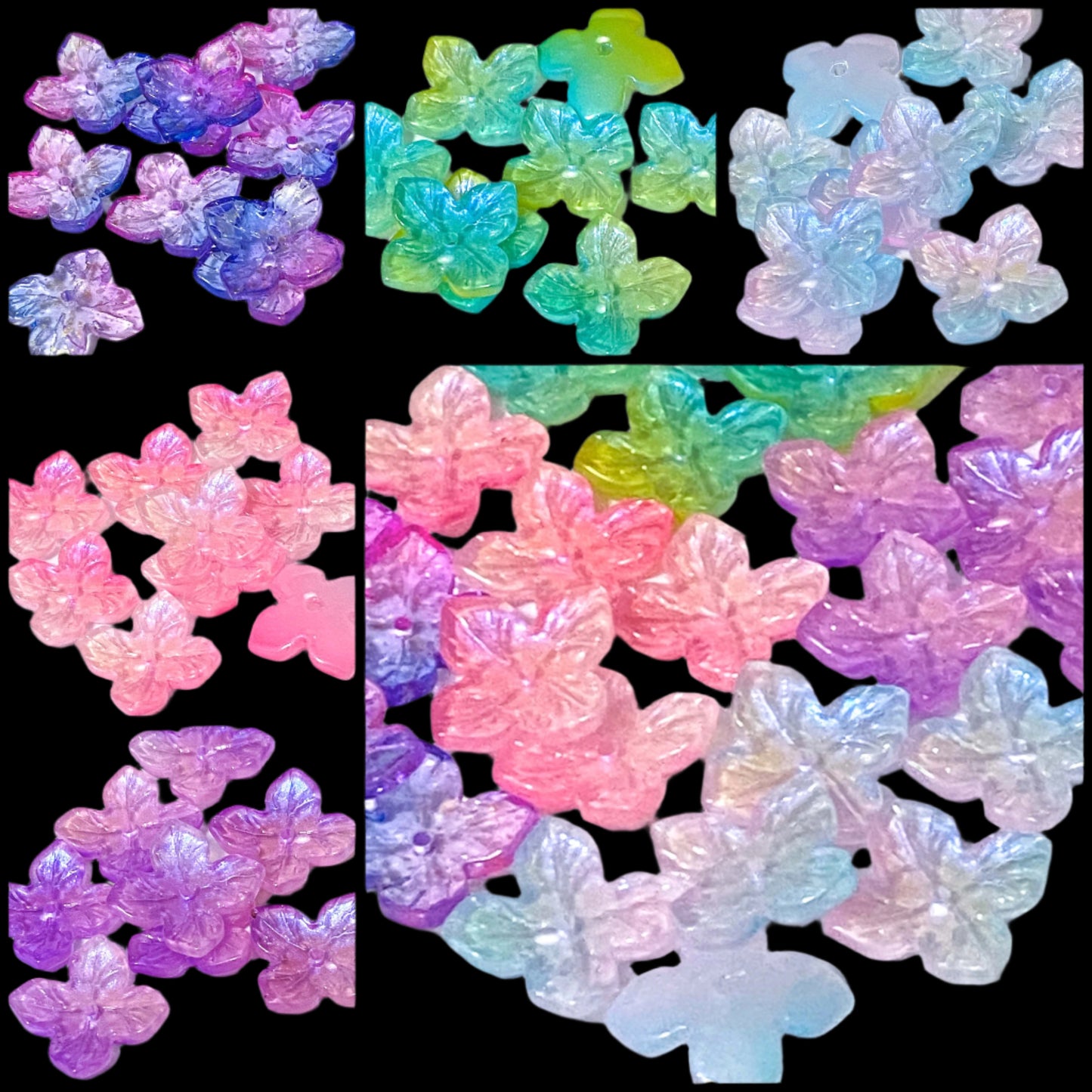iridescent ab coated glass 4 petal petalled flower flowers bead beads uk cute kawaii colourful craft supples shop store pink lilac purple turquoise green blue shimmer 18mm jewellery making 