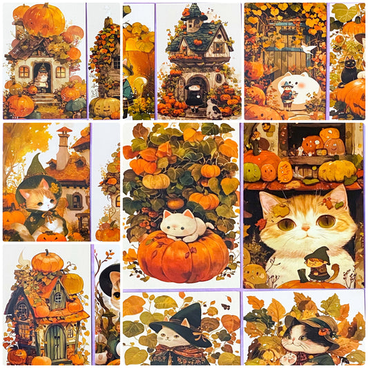 cute kawaii spooky halloween postcard postcards post card cards uk orange sepia vintage retro vibes set of 4 cat cats pumpkin pumpkins haunted house houses