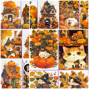 cute kawaii spooky halloween postcard postcards post card cards uk orange sepia vintage retro vibes set of 4 cat cats pumpkin pumpkins haunted house houses