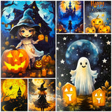 magic magical kawaii cute colourful bright vivid postcard postcards individual single card cards post beautiful uk stationery shop halloween spooky pumpkin pumpkins witch witches bat bats haunted house lantern lights orange blue special