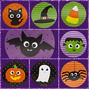 large halloween sticker stickers seal seals round 38mm 1.5" big packaging supplies cute kawaii uk shop store stationery supplies fun kids party spooky bat bats cat cats black purple green orange pumpkin monster frankenstein candy corn spider ghost ghosts spiders hat witch witches
